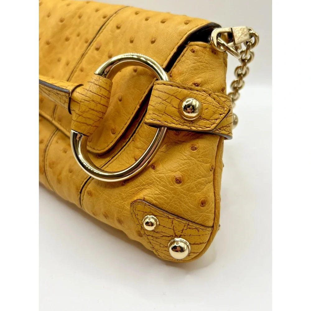 VINTAGE GUCCI Tom Ford Ostrich Leather Horsebit Flap Clutch Yellow Evening Bag - Picture 8 of 12